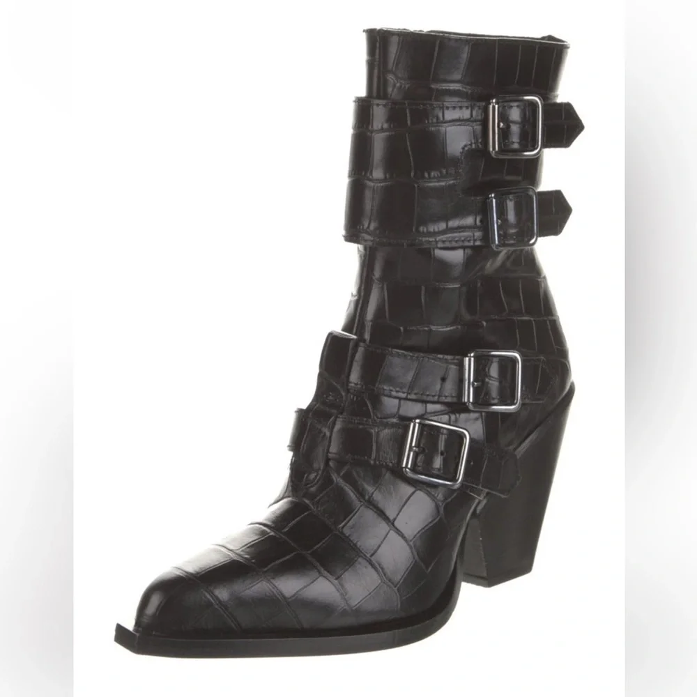 Pinko Lucciola Black Leather Croc Print Moto Boots - Picture 2 of 11